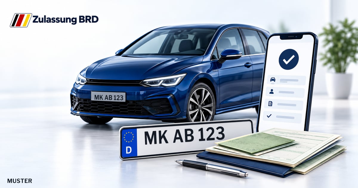 Online Fahrzeugzulassung in Kierspe: Musterkennzeichen MK AB 123, Auto und Fahrzeugpapiere und Smartphone. Illustration mit Logo von Zulassung BRD.